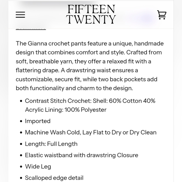 New Fifteen Twenty Los Angeles Gianna Cream Wide Leg Crochet Pants - Picture 16 of 16